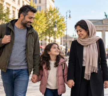 خانواده‌ای سه‌نفره در خیابان برلین؛ تصویری مرتبط با ویزای پیوست خانواده آلمان